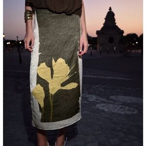 Zara Olive and Gold Floral Midi Skirt